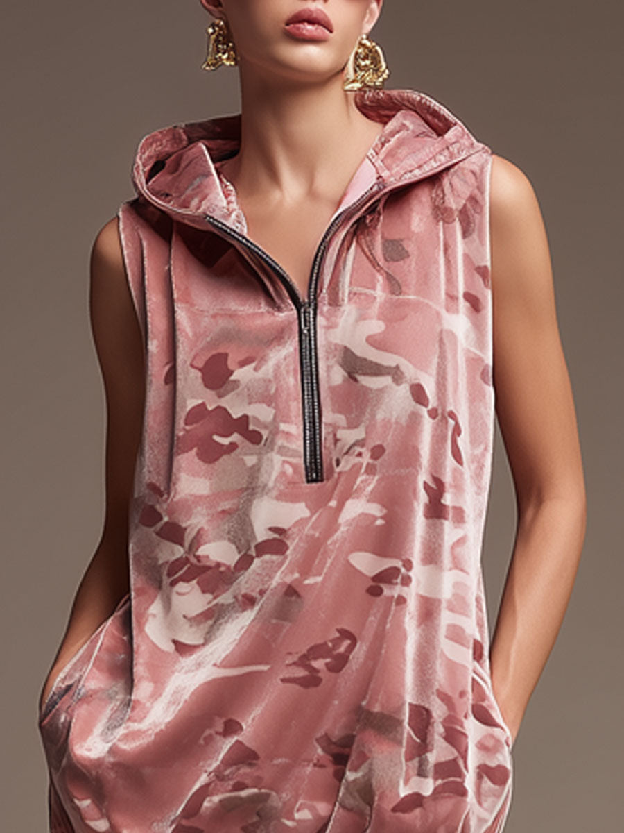 Western Retro Camouflage Pink Velvet Hooded Mini Dress