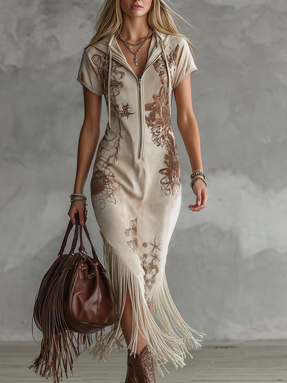 Elegant Vintage-print Off-white Faux Suede Hooded Maxi Dress