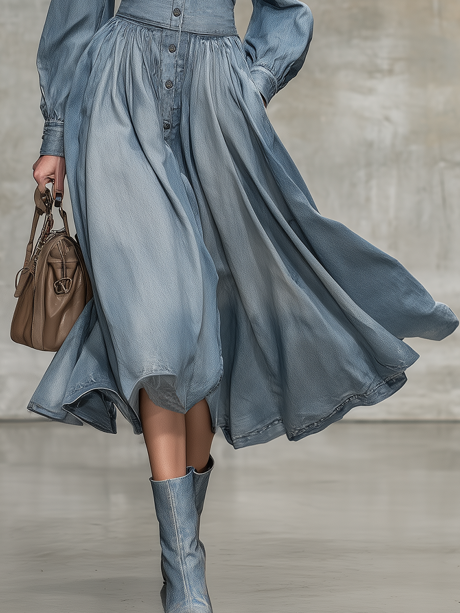 Elegant Retro Lapel Button Denim Midi Dress