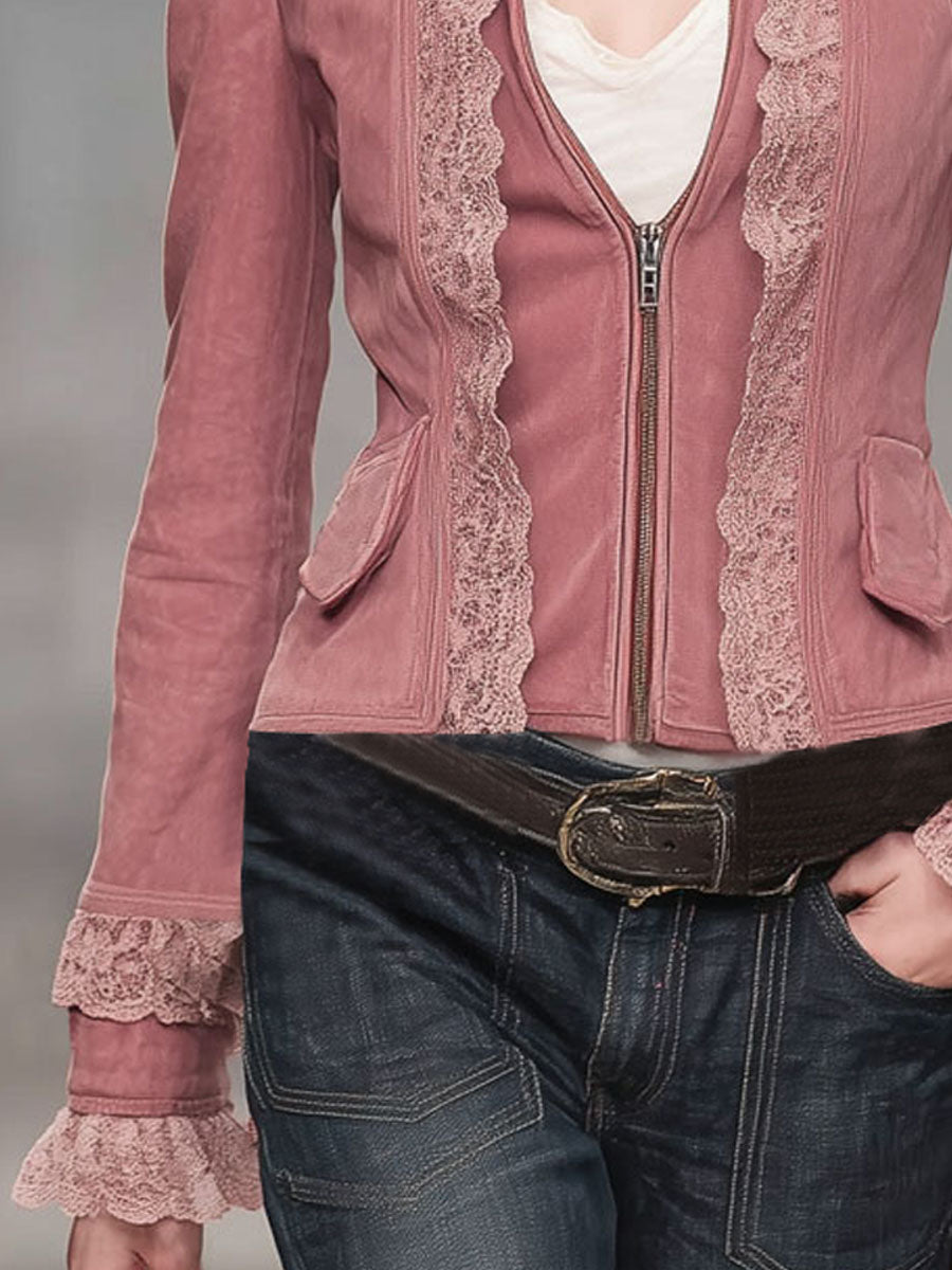 Stand-up Collar Lace Trim Zipper Faux Suede Jacket