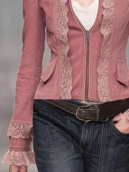 Stand-up Collar Lace Trim Zipper Faux Suede Jacket
