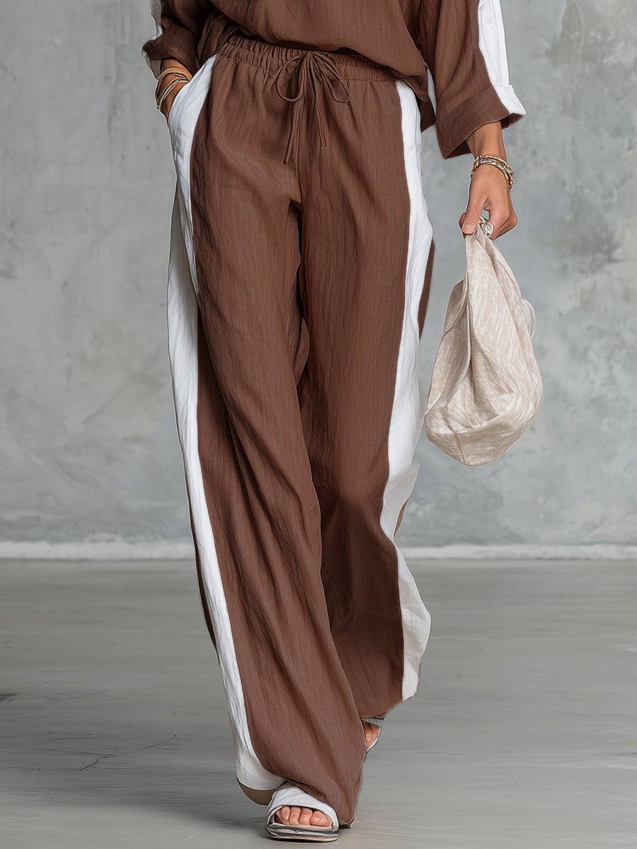 Retro Casual Off-the-shoulder Cotton And Linen Long-sleeved T-shirt And Wide-leg Pants Set.