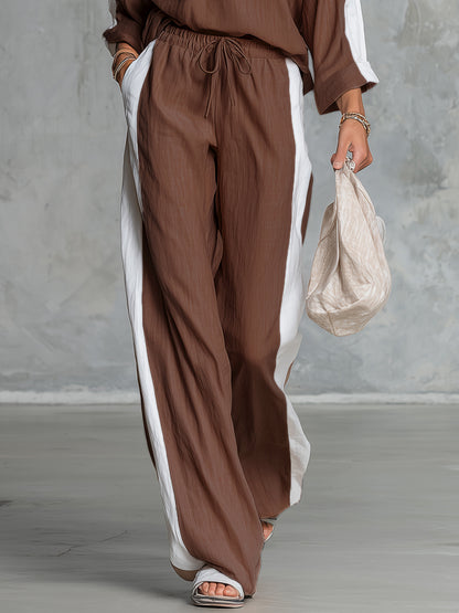 Retro Casual Off-the-shoulder Cotton And Linen Long-sleeved T-shirt And Wide-leg Pants Set.