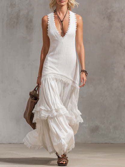 V-neck Lace Trim Cotton And Linen Sleeveless Maxi Dress