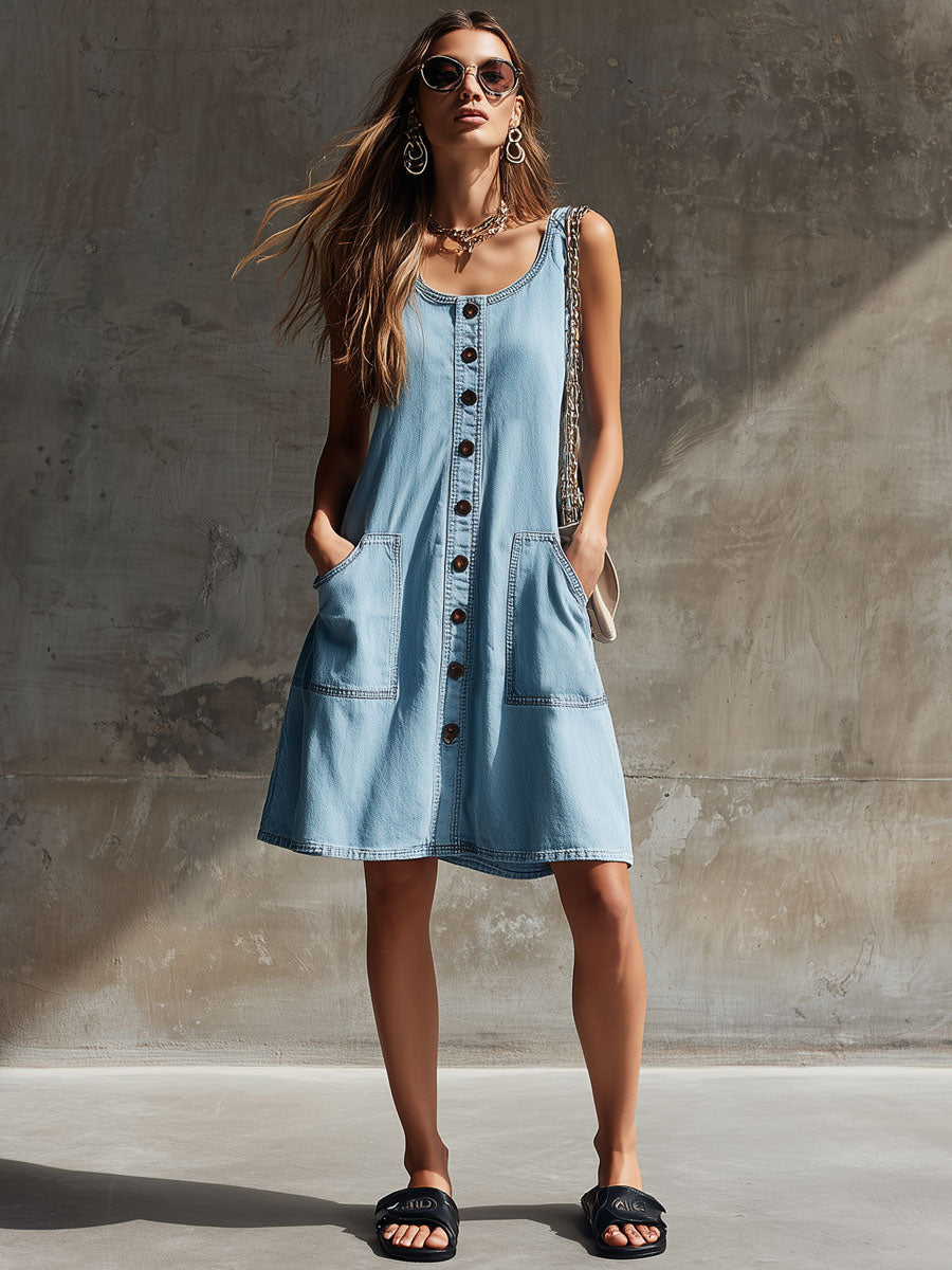 Casual Retro Light Blue Denim Sleeveless Round Neck Mini Dress