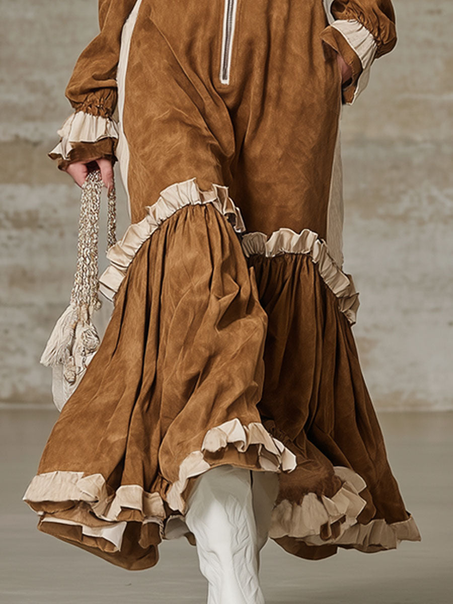 Western-style Lapel Zipper Color-blocked Faux Suede Maxi Dress