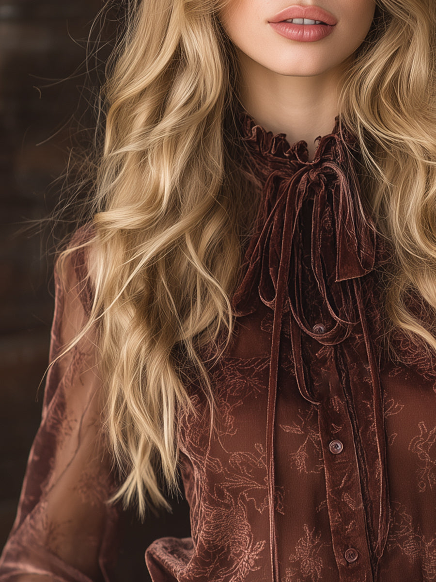 Retro Western-style Chiffon Printed Long-sleeved Brown Velvet Shirt