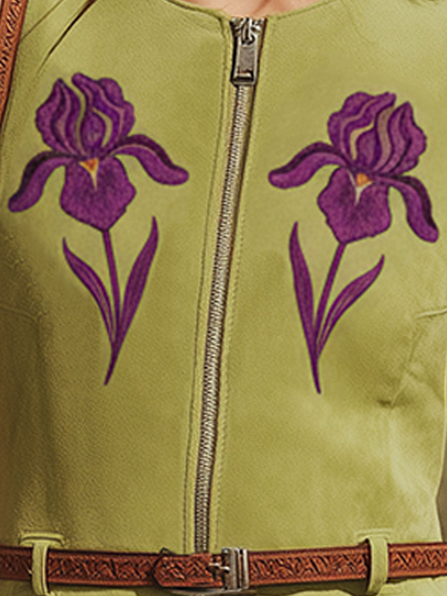 Western-style Retro Embroidered Green Tassel Round Neck Sleeveless Faux Suede Mini Dress