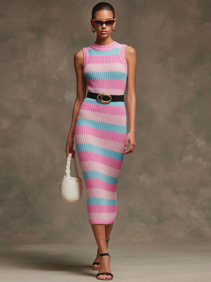 Elegant Retro Blue And Pink Knitted Sleeveless Midi Dress
