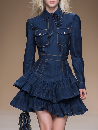 Fashionable Retro Ruffled Denim Mini Dress