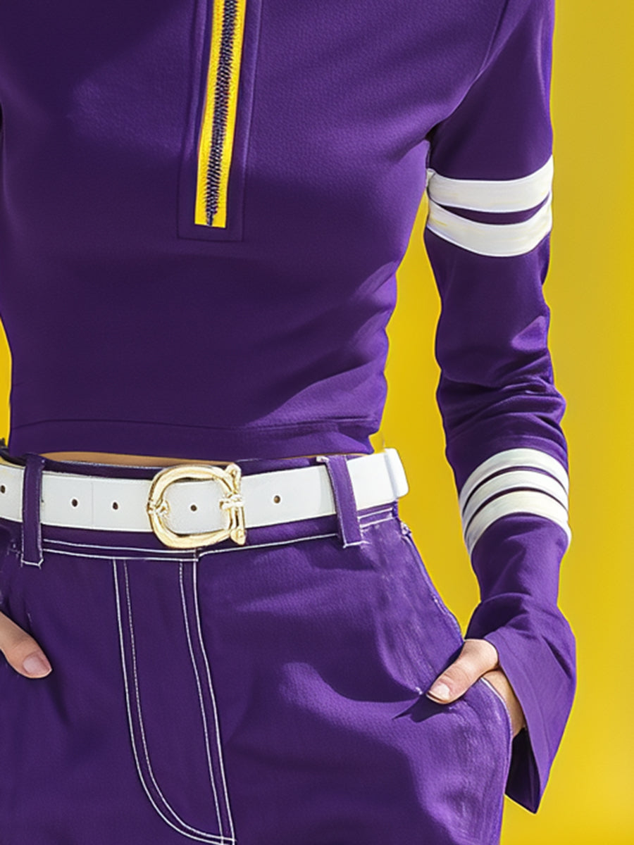 Fashionable Sporty Yellow Zipper Purple Long-sleeved Blouse