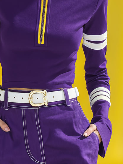 Fashionable Sporty Yellow Zipper Purple Long-sleeved Blouse