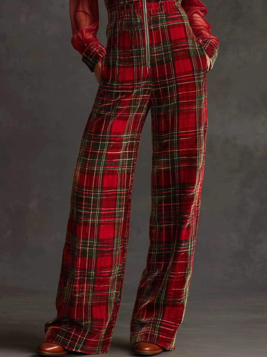 Retro Long-sleeved Mesh Red And Green Plaid Velvet Wide-leg Jumpsuit