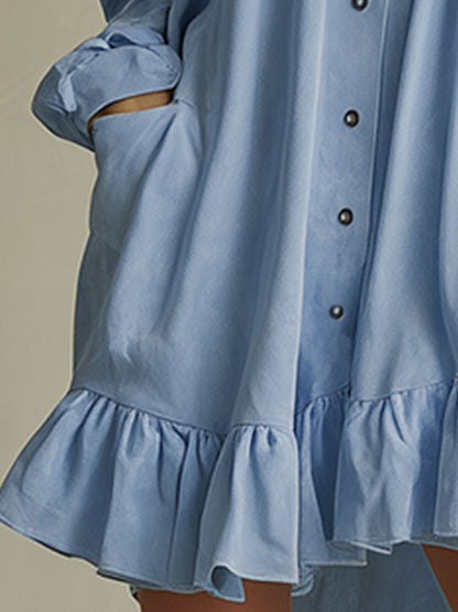 Casual Retro Ruffled Blue Shirt-style Faux Suede Mini Dress