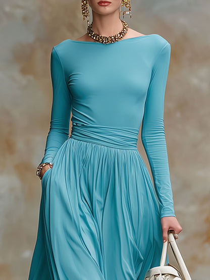 Fashionable Retro Long-sleeved Lake Blue Cotton Chiffon Maxi Dress