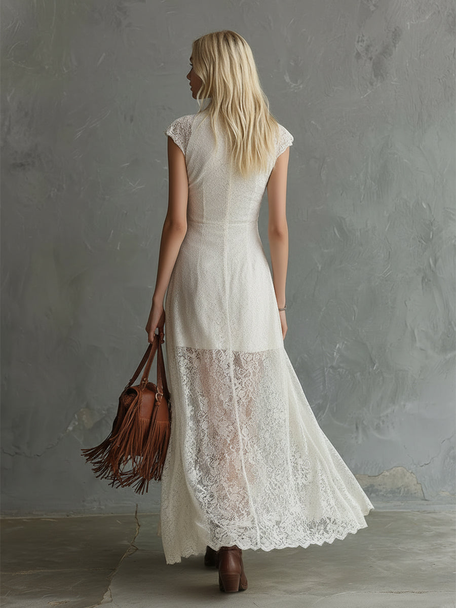 Elegant Vintage Off-white Lace Sleeveless Maxi Dress