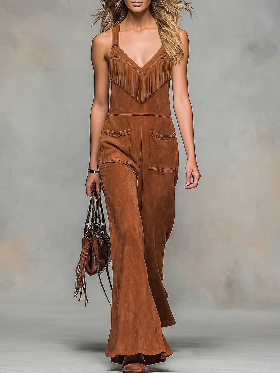 Vintage-style V-neck Sleeveless Fringed Faux Suede Jumpsuit