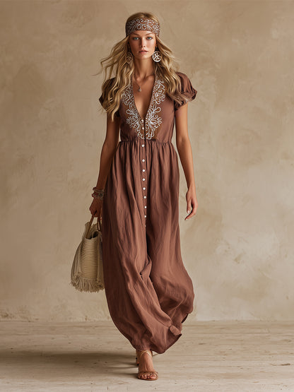 Retro Ethnic Style Embroidered Brown Cotton And Linen Short-sleeved Maxi Dress