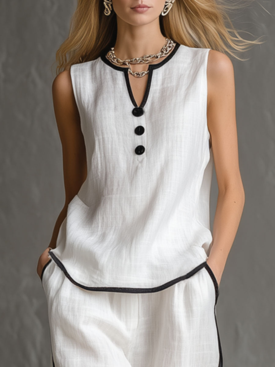 Loose-fitting Cotton-linen Color-blocked Sleeveless Top And Pants Set
