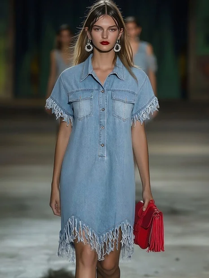 Casual Loose Vintage Denim Short Sleeve Shirt Tassel Mini Dress