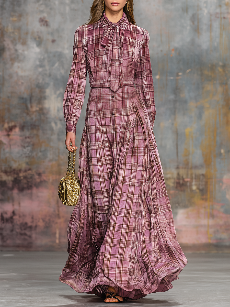 Retro Plaid Printed Velvet Maxi Dress