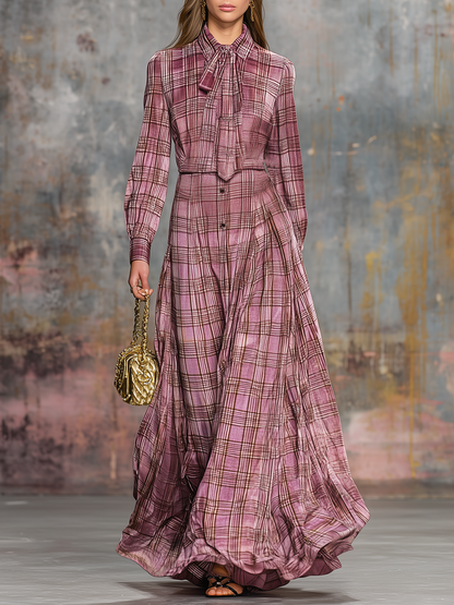 Retro Plaid Printed Velvet Maxi Dress