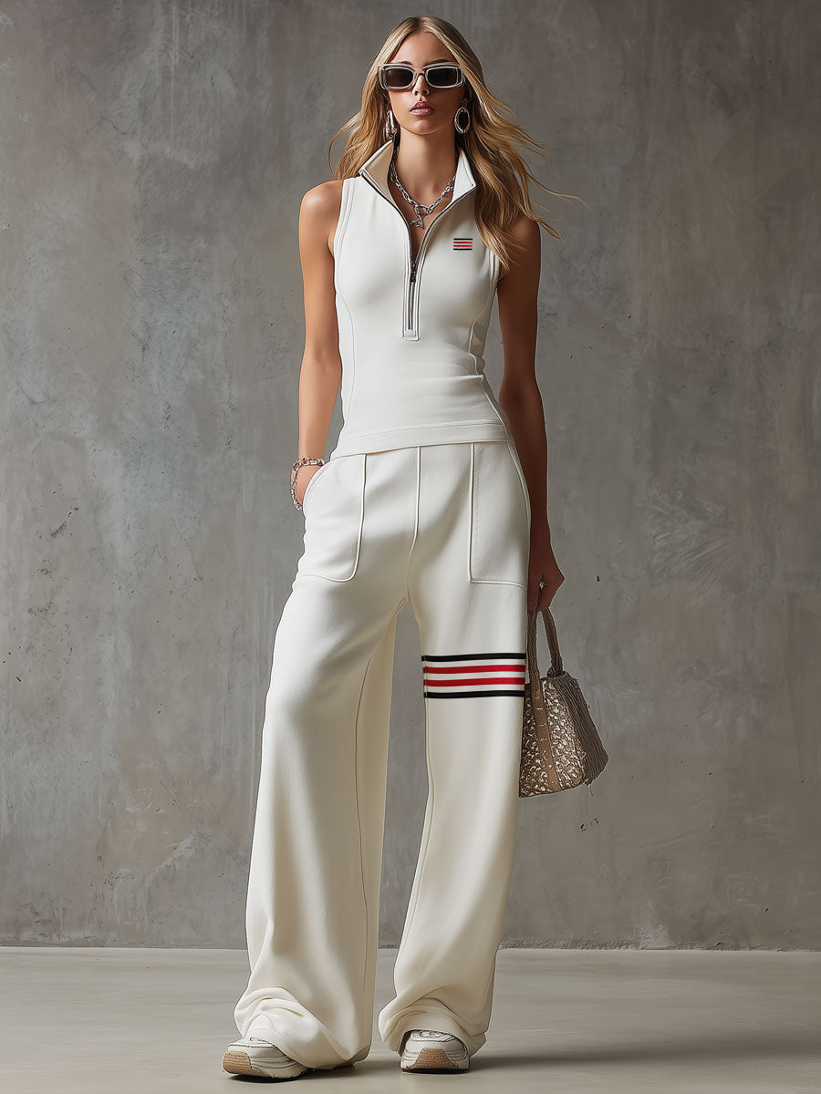 Sporty Retro White Striped Embroidered Sleeveless Vest And Wide-Leg Pants Set