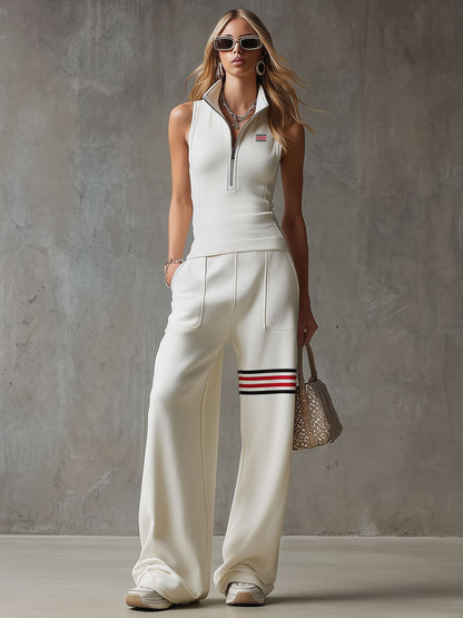 Sporty Retro White Striped Embroidered Sleeveless Vest And Wide-Leg Pants Set