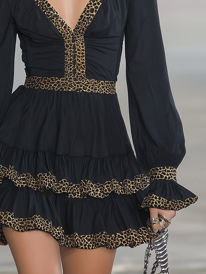 Elegant Black V-neck  With Leopard Print Paneling Mini Dress
