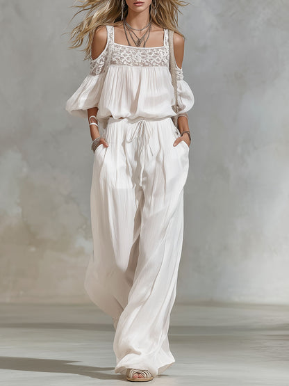 Square-neck Off-the-shoulder Lace Puff-sleeve Top And Pants Set