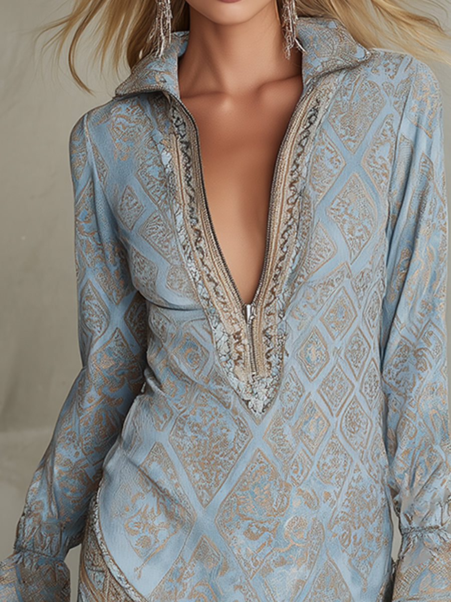Retro Light Blue Damask Print Faux Suede Half-zip Mini Dress