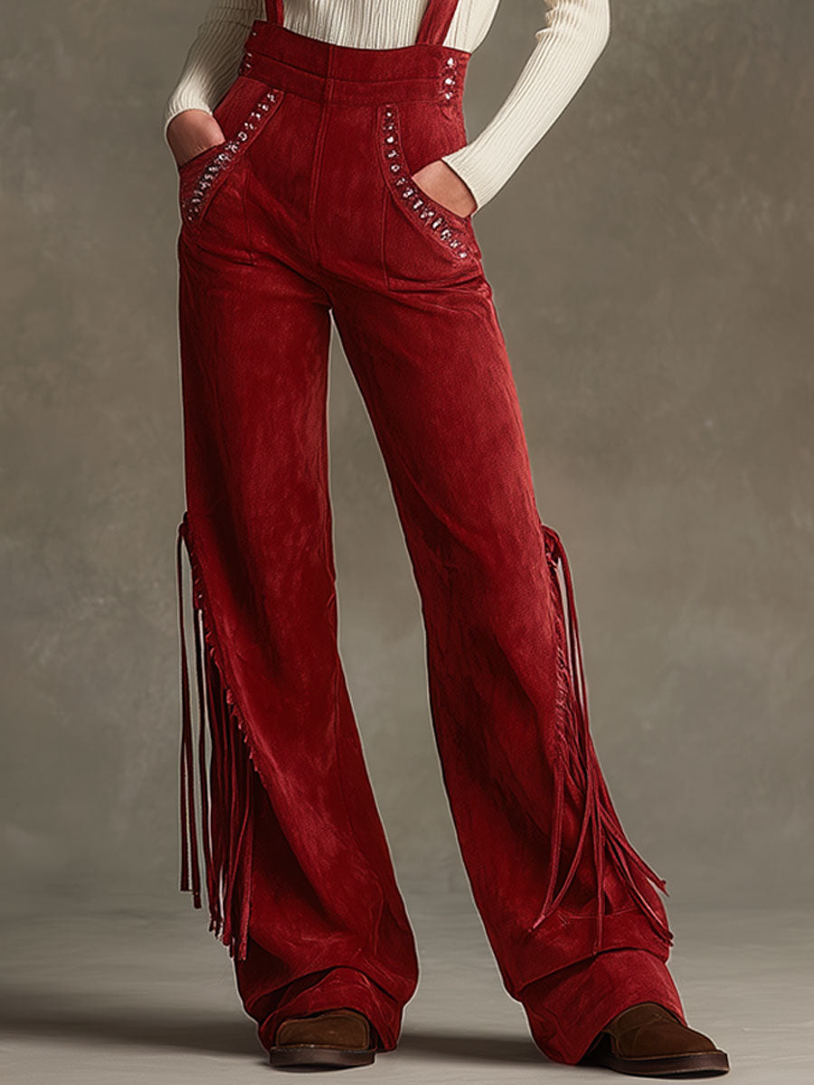 Western Retro Red Faux Suede Studded Tassel Overalls