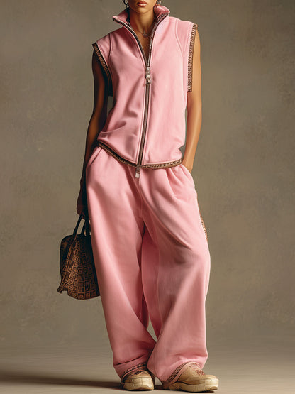 Sporty Retro Webbing Trim Pink Cotton Blend Sleeveless Vest Wide-Leg Pants Set