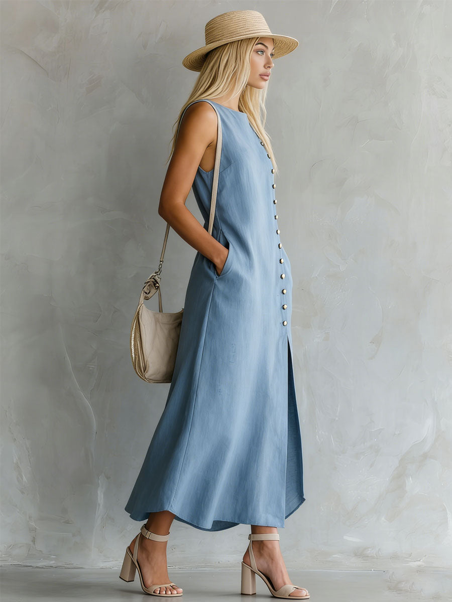 Blue Round Neck Side Slit Sleeveless Cotton Midi Dress