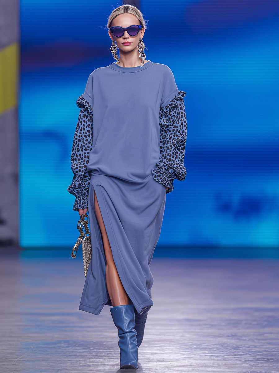 Fashionable Retro Leopard Print Long-sleeved Blue Sweatshirt With Slit Midi Dress