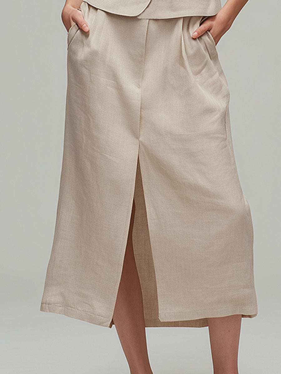 Stylish And Casual Beige Cotton Linen Sleeveless Top And Skirt Set