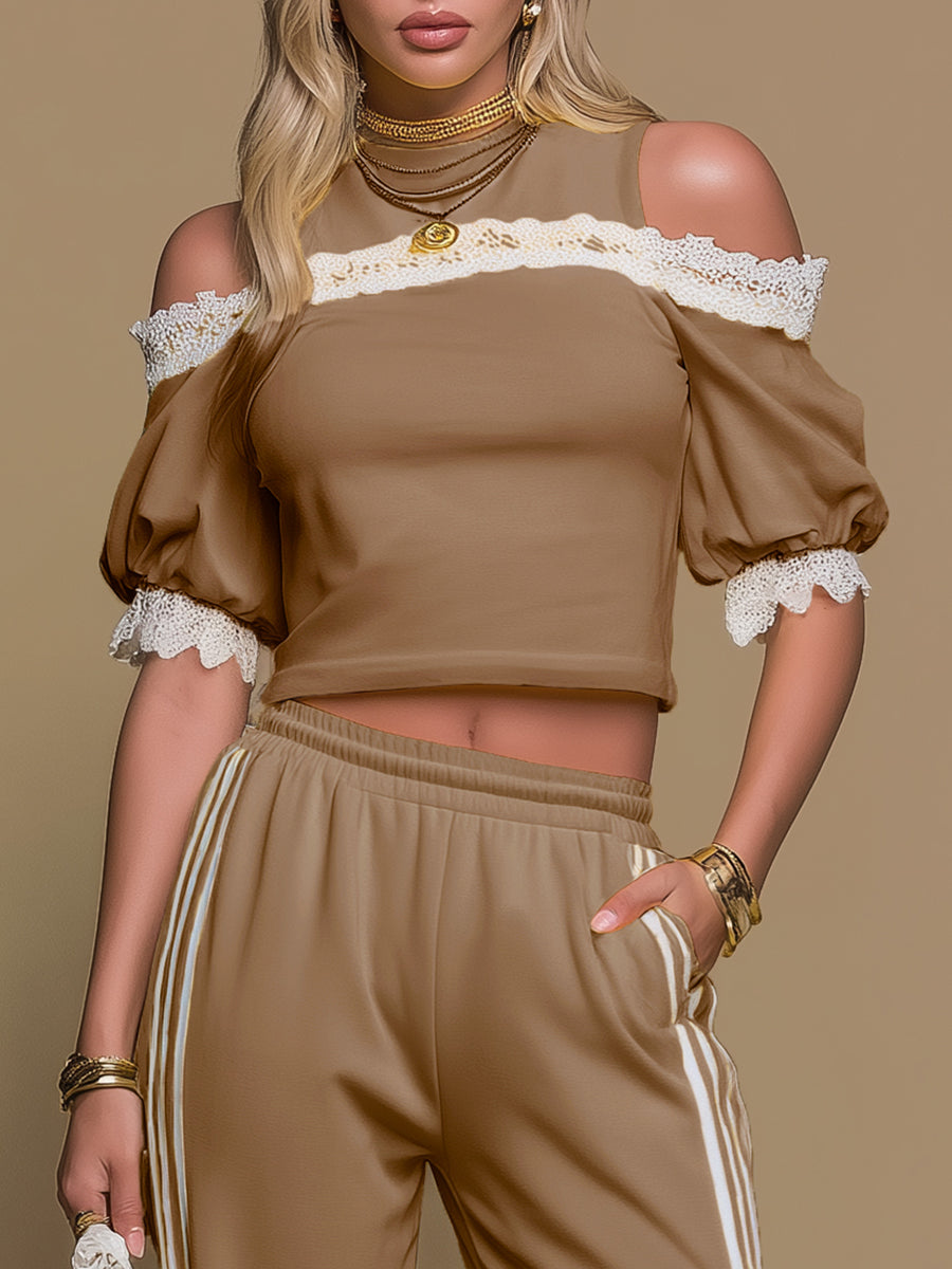 Sporty Retro Off-the-shoulder Short-sleeved T-shirt And Wide-leg Pants Set