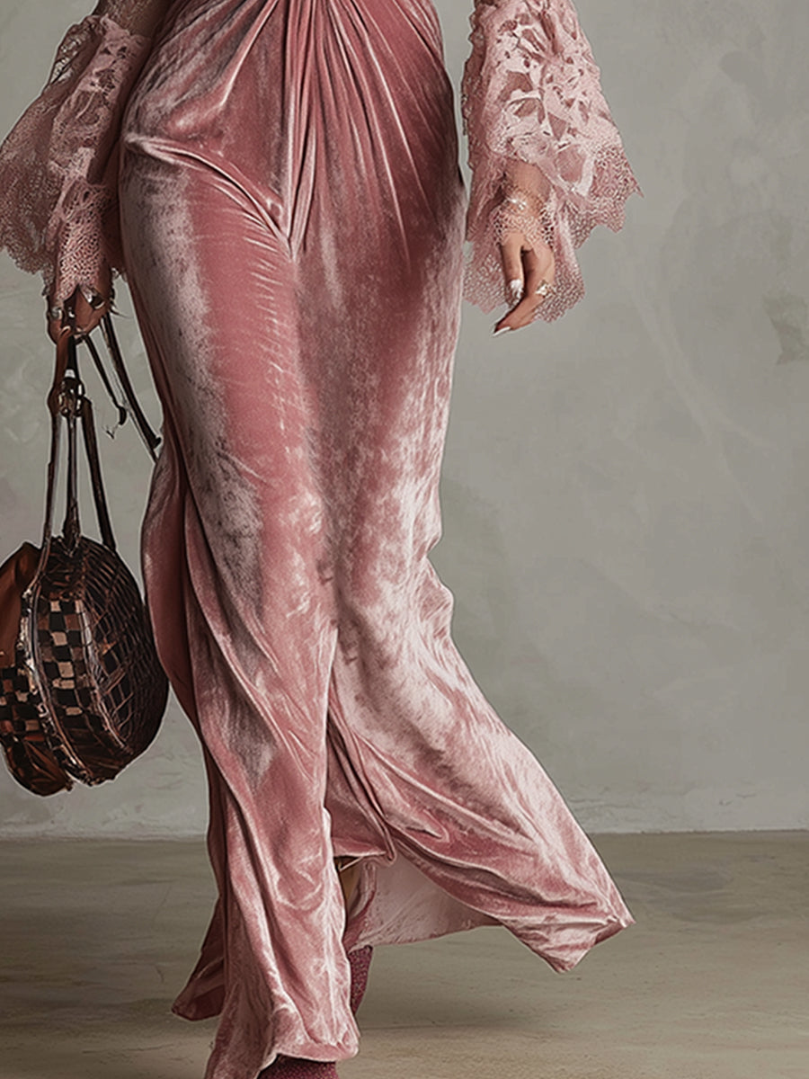 Delicate Pink Velvet Lace Long-sleeved Maxi Dress