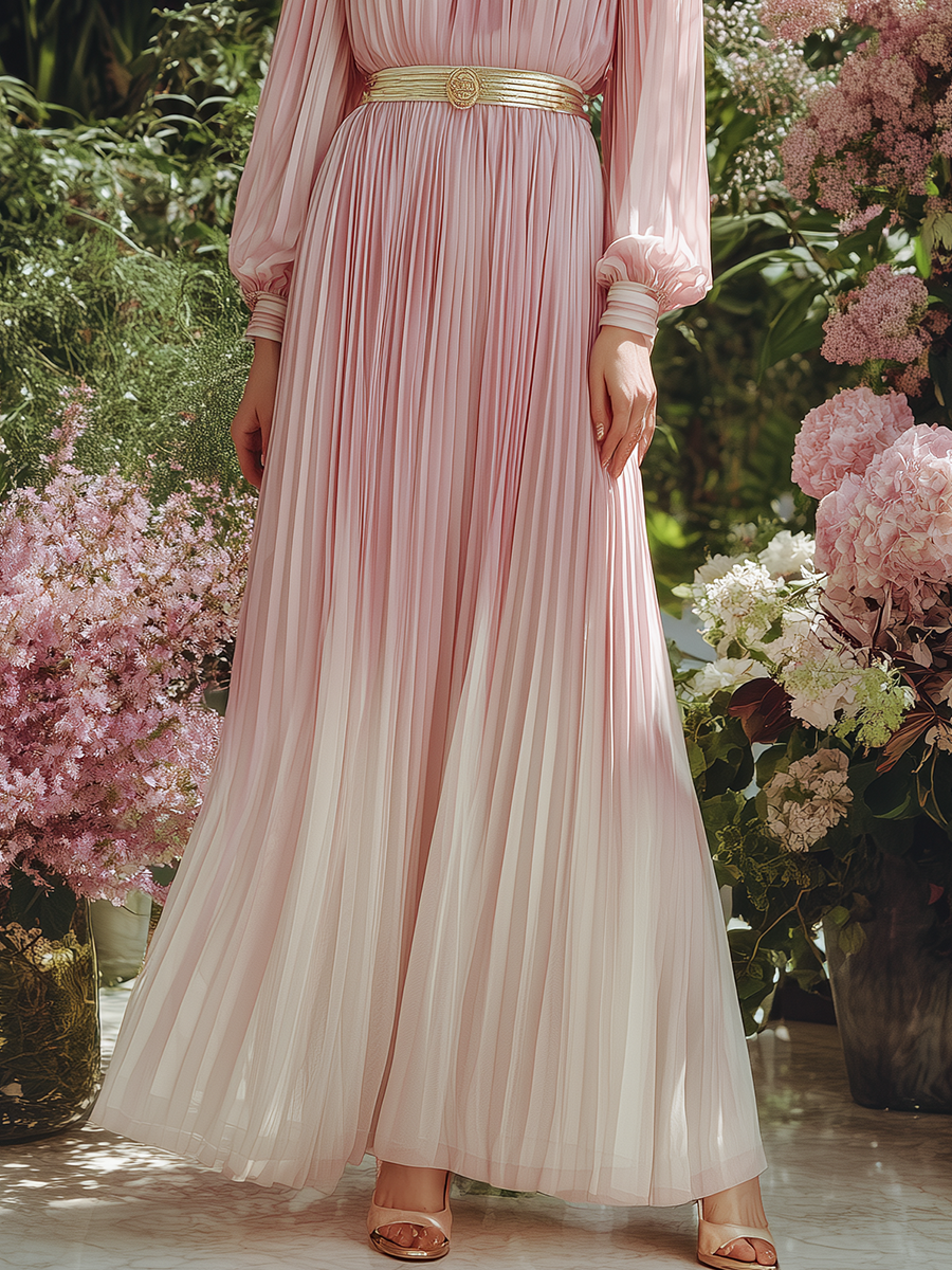 Elegant And Romantic Pleated Gradient Pink Chiffon Maxi Dress