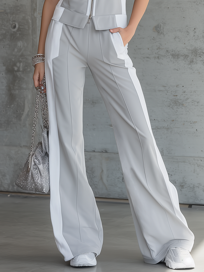 Retro Sporty Color-blocked Zip-up T-shirt And Wide-leg Pants Set