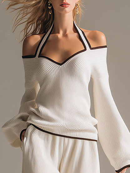 Elegant Color-blocked White Halter-neck Long-sleeved Knit Top And Pants Set