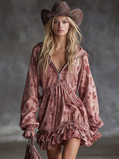 Artistic Heart Print Hooded Zip-up Ruffle Faux Suede Long-sleeved Mini Dress