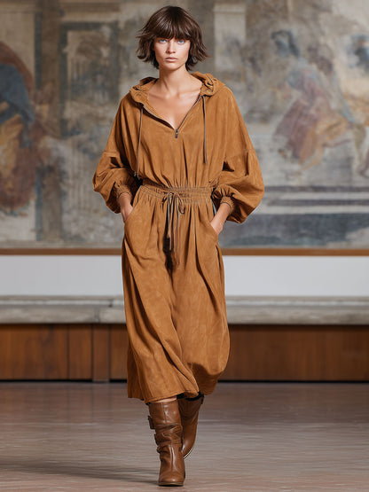 Hooded Double-pocket Faux Suede Long-sleeved Midi Dress