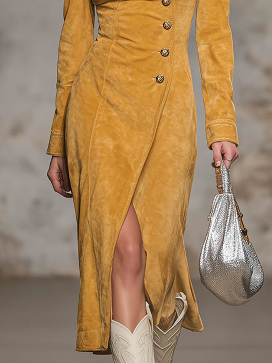 V-neck Button-front Split Hem Faux Suede Long-sleeved Midi Dress