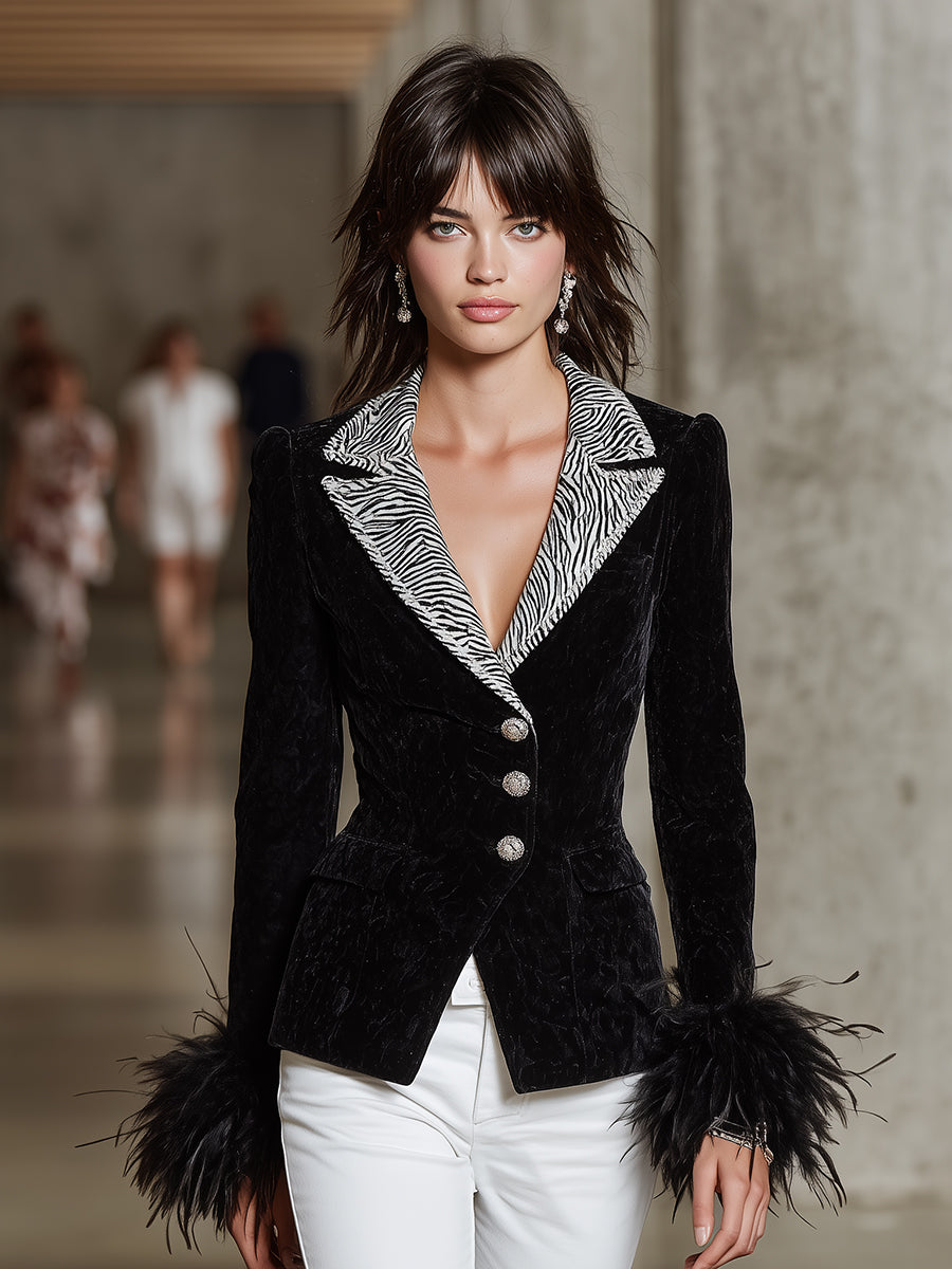 Retro Black Velvet Collar Zebra Print Cuffs Fur Blazer