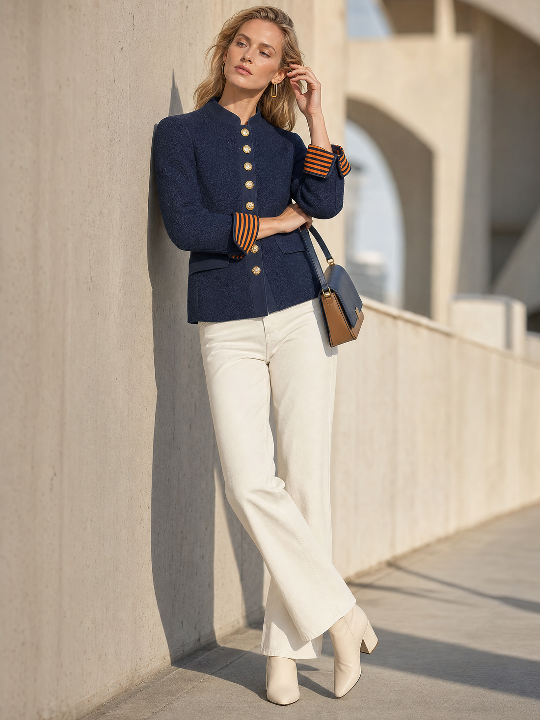 Navy Knit Stand-Collar Gold-Button Fitted Military Sweater Blazer Jacket Women