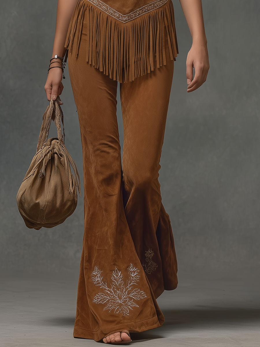 Retro-style Square-neck Embroidered Sleeveless Top And Flared Trousers Set