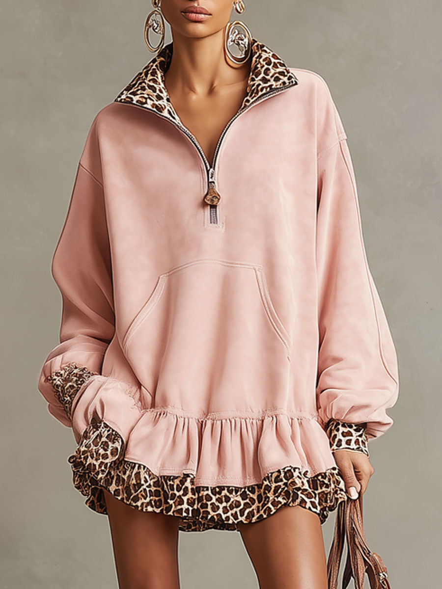 Sporty Retro Leopard Print Ruffled Half-zip Pink Long-sleeved Mini Dress