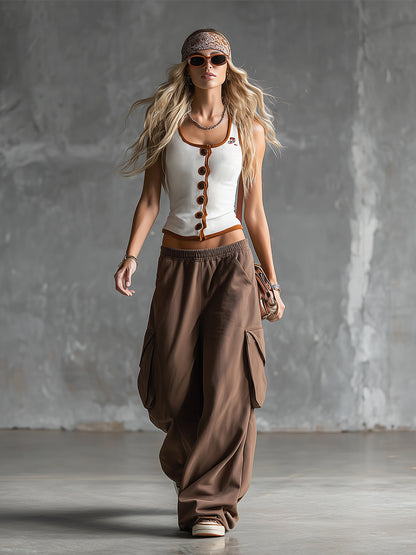 Stylish Sporty White Tank Top And Brown Sweatpants Set