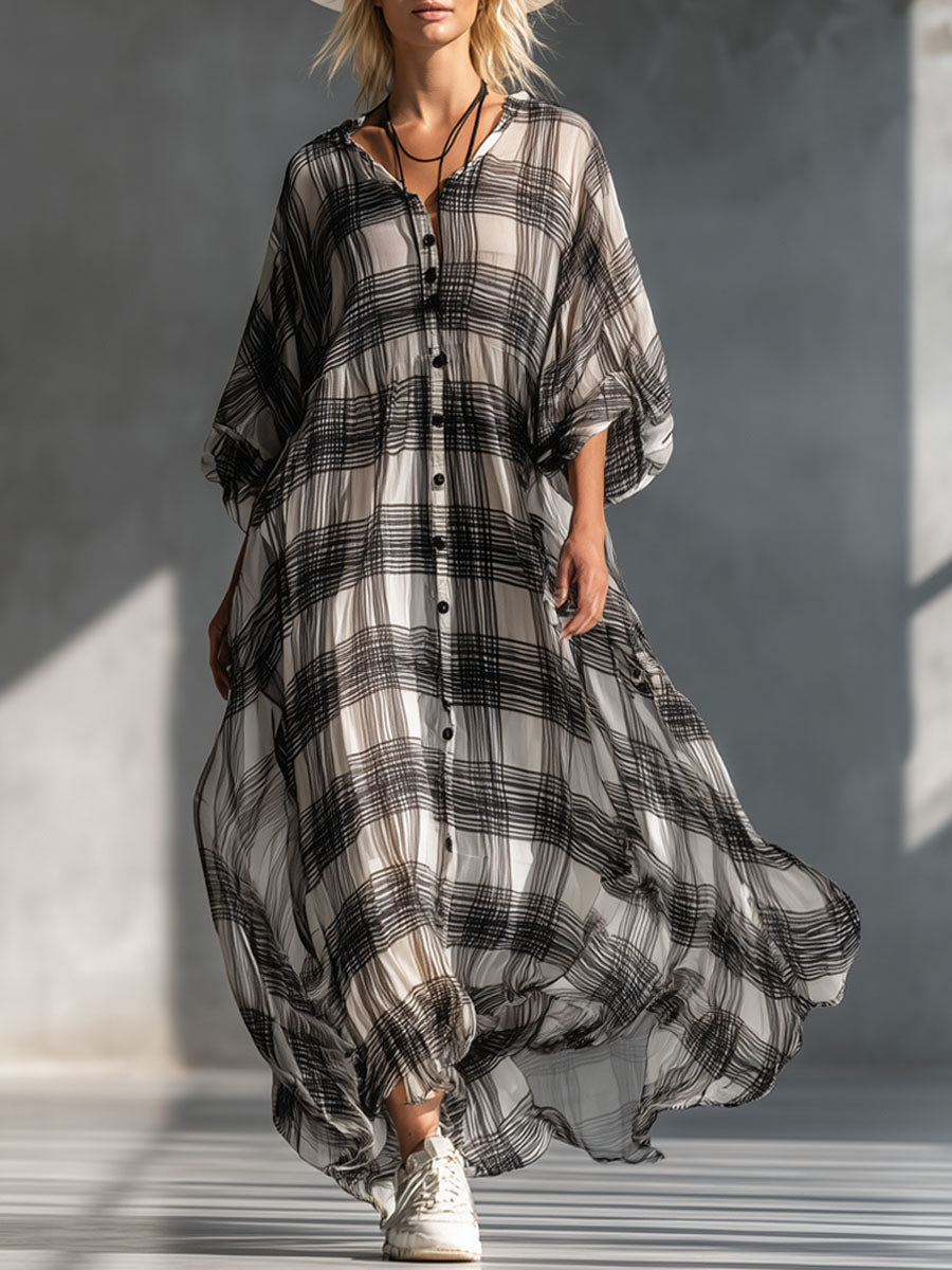 V-neck Button-down Plaid Print Chiffon Short-sleeved Maxi Dress